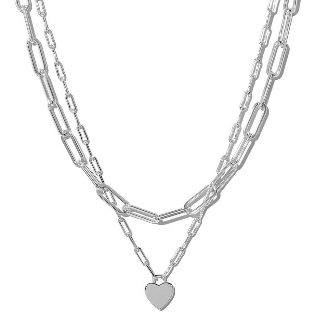 5/$25 Silver Color Paperclip Chain Double Layered Heart Charm Necklace - Picture 1 of 3